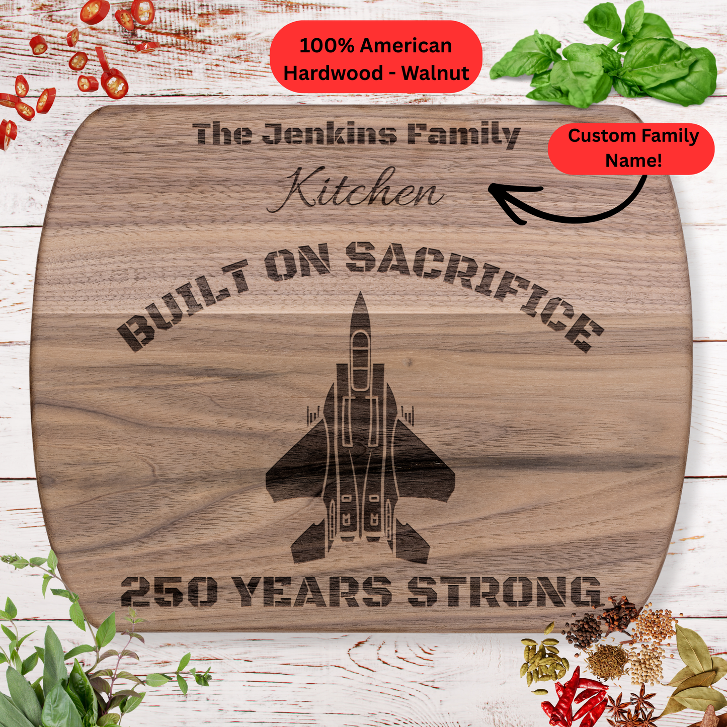 Personalized F-15 Fighter Jet 250th Anniversary Cutting Board. Patriotic Military Gift. Military Family Gift