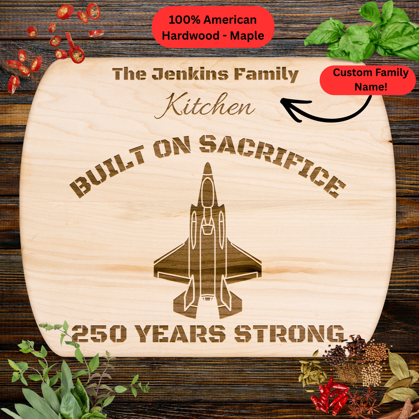 Personalized F-35 Lightning II 250th Anniversary Cutting Board. Military Aviation Gift. Military Family Gift
