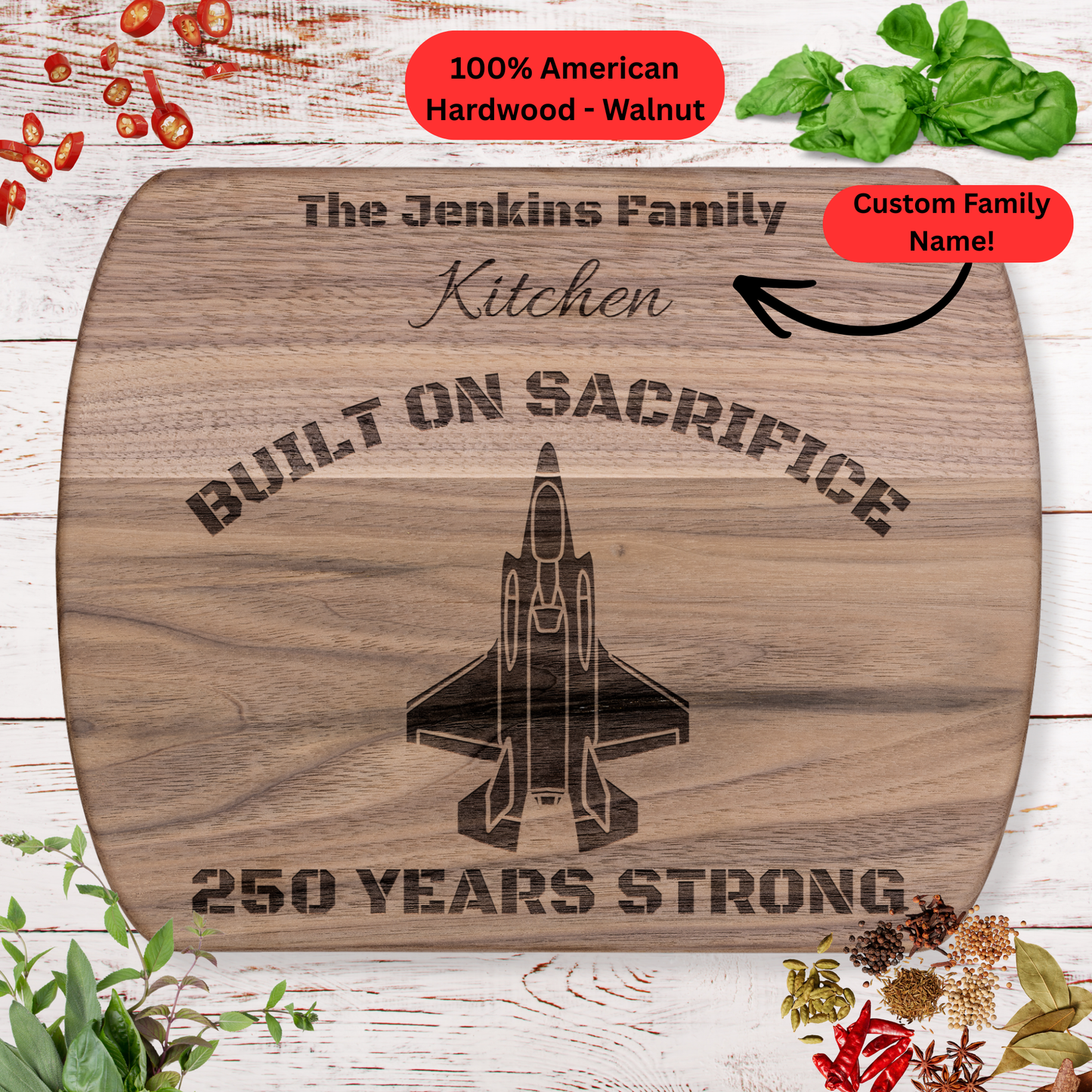 Personalized F-35 Lightning II 250th Anniversary Cutting Board. Military Aviation Gift. Military Family Gift