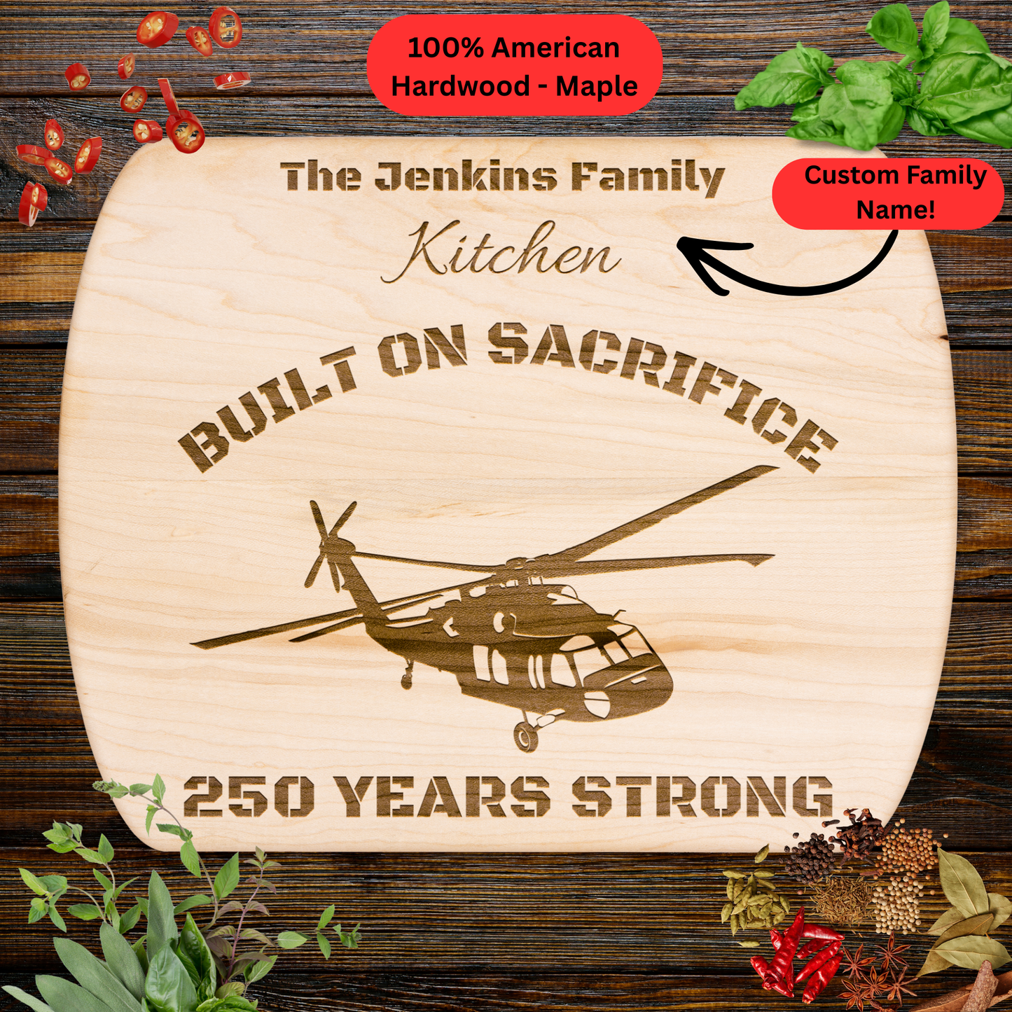 Personalized Black Hawk Helicopter Cutting Board. Custom Family Name Gift. USA 250th Anniversary Patriotic Kitchen Board