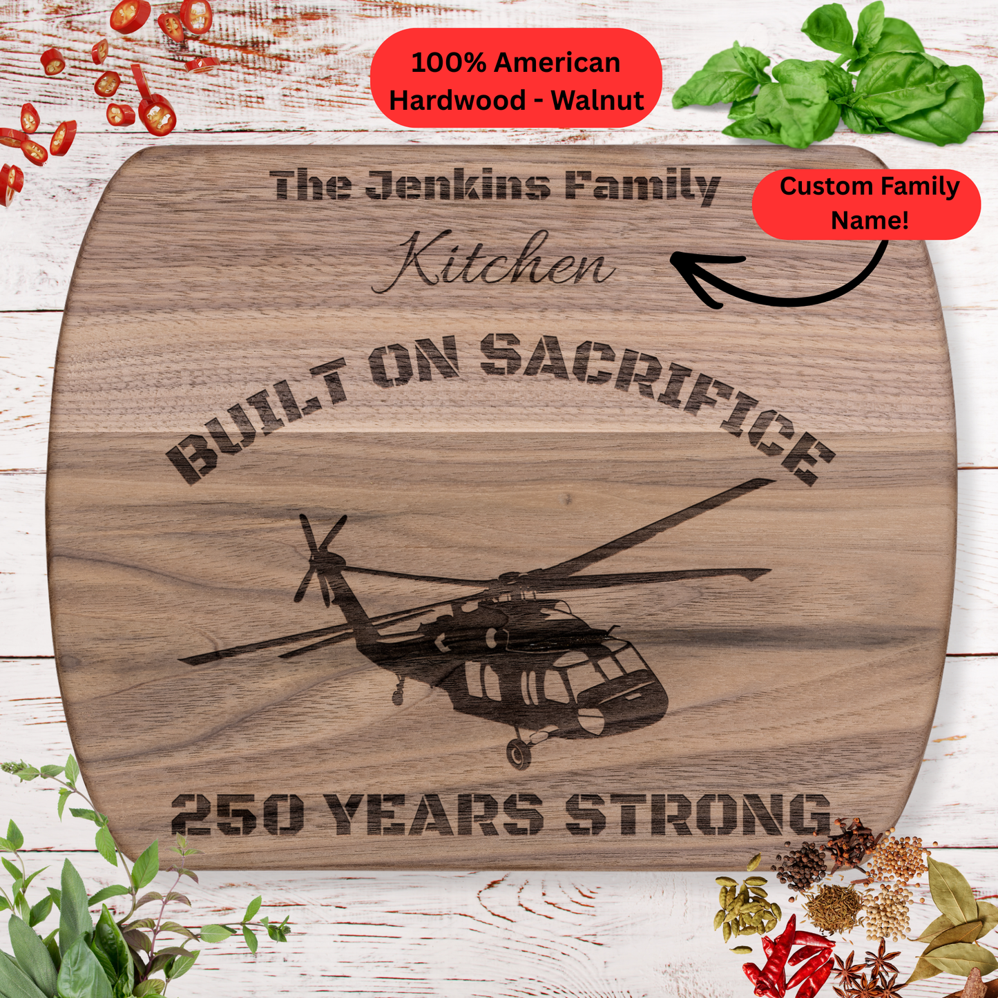 Personalized Black Hawk Helicopter Cutting Board. Custom Family Name Gift. USA 250th Anniversary Patriotic Kitchen Board