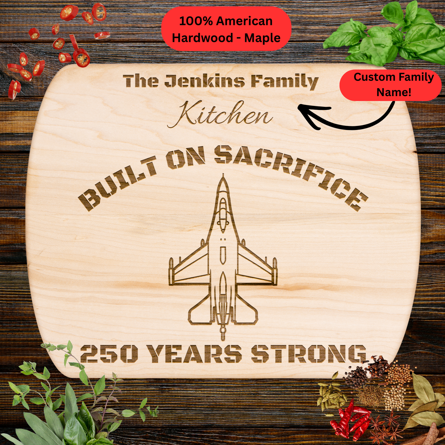 Personalized F-16 Fighter Jet Cutting Board. Custom Family Name Gift. USA 250th Anniversary Patriotic Kitchen Board
