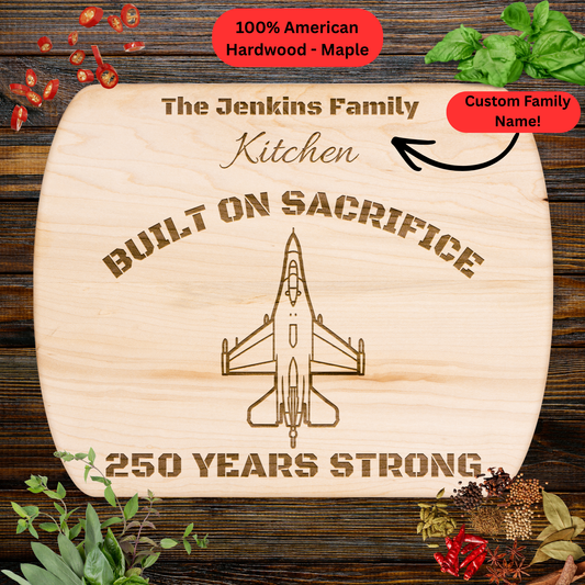 Personalized F-16 Fighter Jet Cutting Board. Custom Family Name Gift. USA 250th Anniversary Patriotic Kitchen Board
