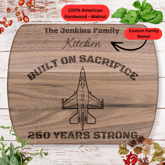 Personalized F-16 Fighter Jet Cutting Board. Custom Family Name Gift. USA 250th Anniversary Patriotic Kitchen Board