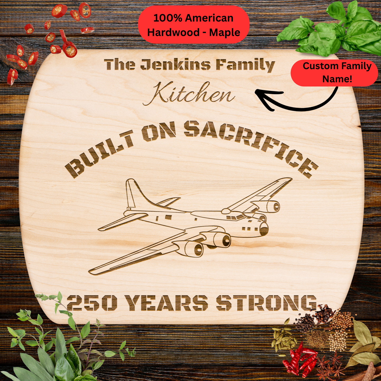 Personalized B-52 Bomber Cutting Board. Custom Family Name Gift. USA 250th Anniversary Patriotic Kitchen Board
