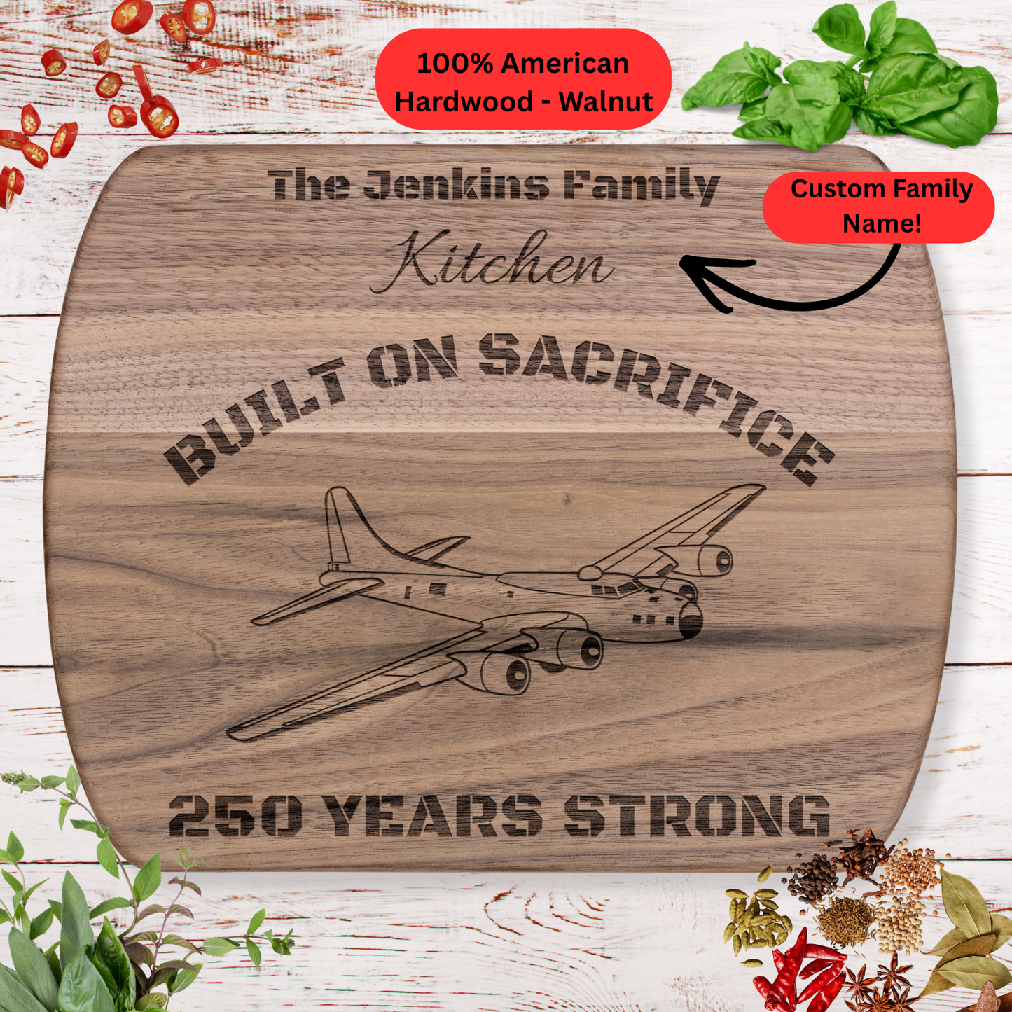 Personalized B-52 Bomber Cutting Board. Custom Family Name Gift. USA 250th Anniversary Patriotic Kitchen Board