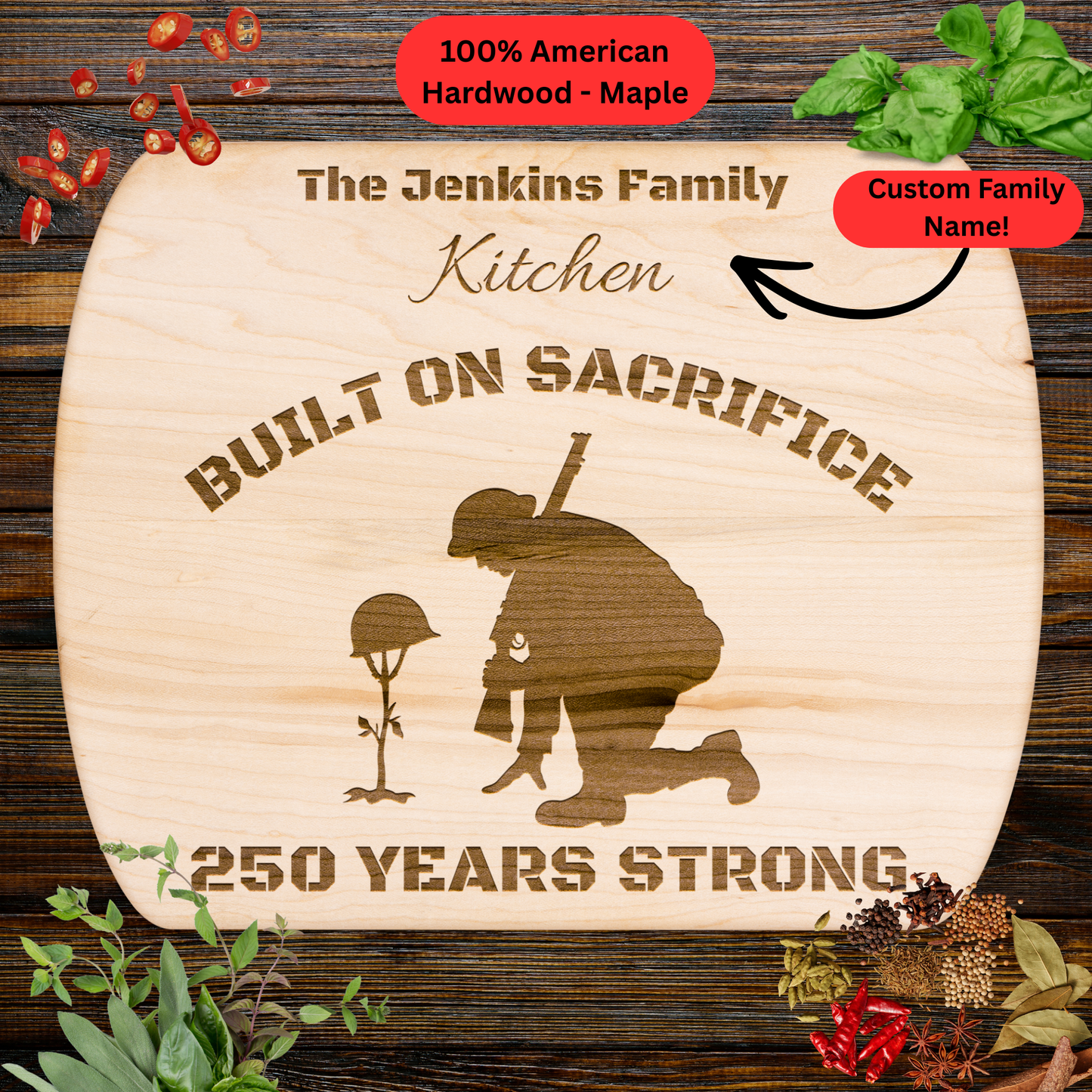 Personalized 250th Anniversary Cutting Board. Soldier Memorial Gift. Custom Family Name Patriotic Kitchen Board. USA 1776-2026