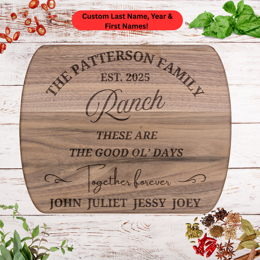 Personalized Ranch Family Cutting Board. Custom Surname, Year and First Names. Rustic Family Gift. Ranch Family Gift