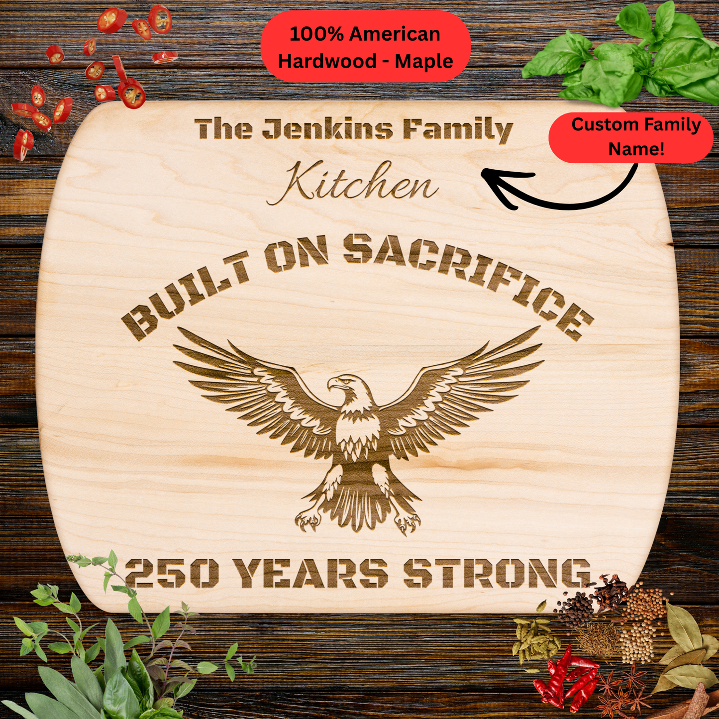 Personalized Family Name Eagle Cutting Board. Patriotic USA 250th Anniversary Gift. Military family gift