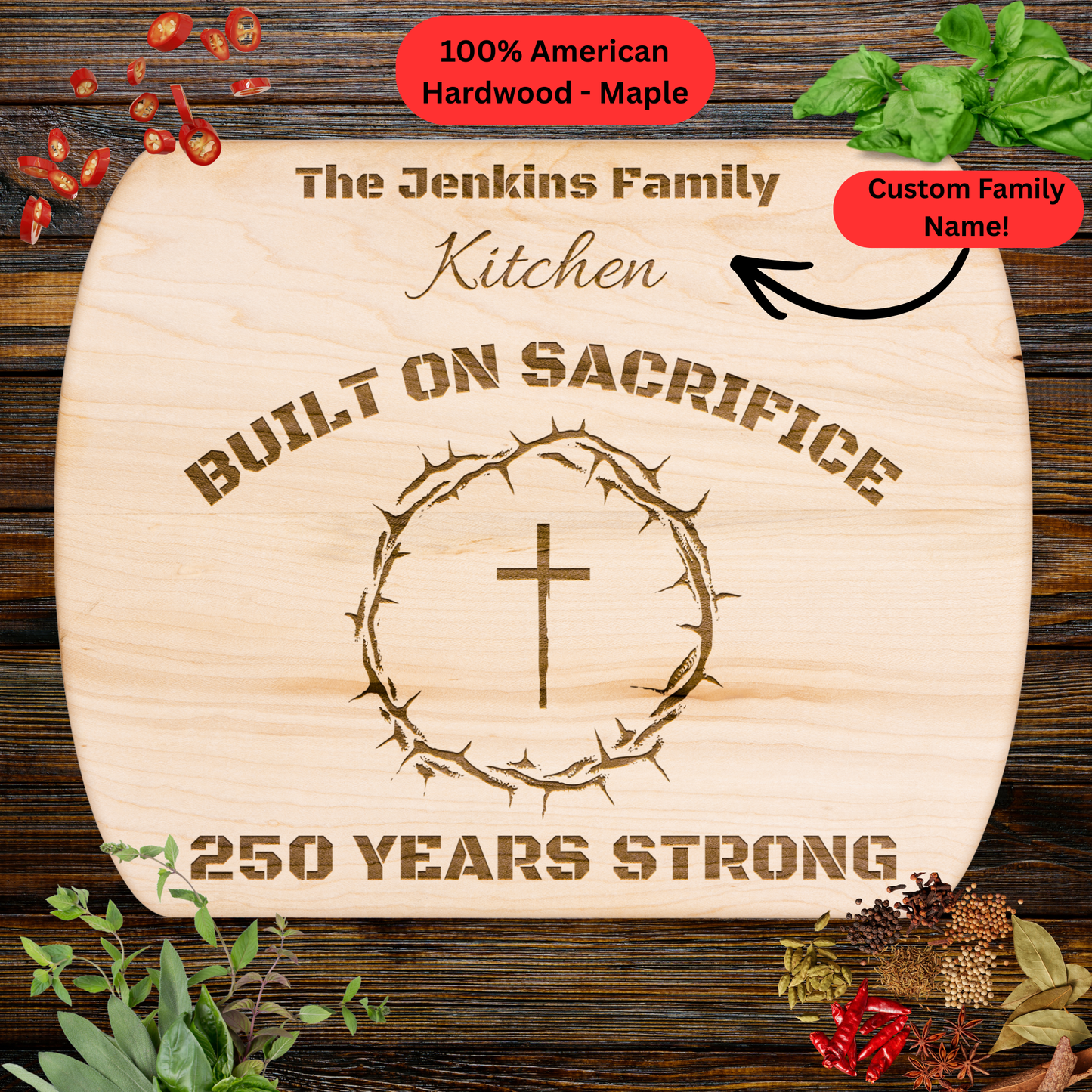 Personalized Family Name Cutting Board. Christian Family Gift. USA 250th Anniversary Keepsake