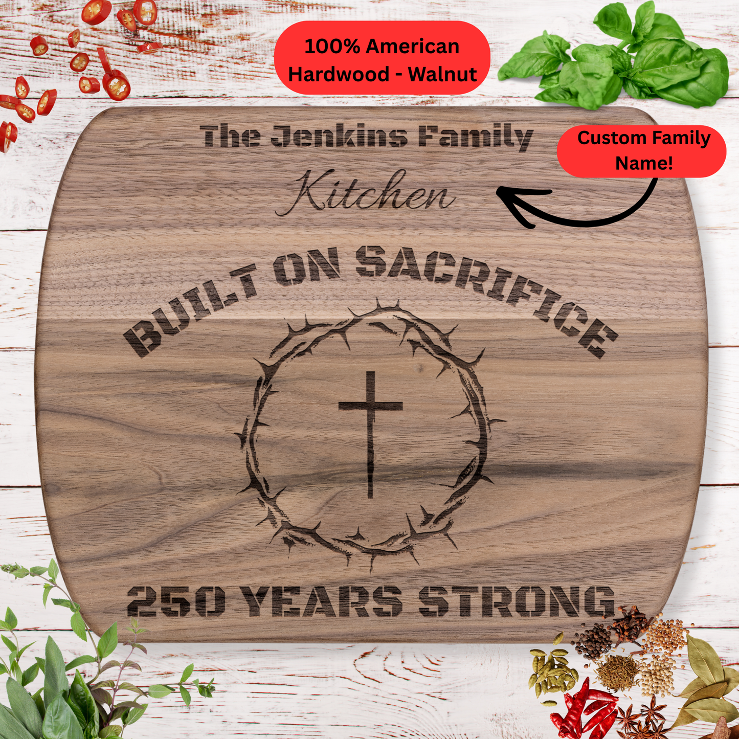 Personalized Family Name Cutting Board. Christian Family Gift. USA 250th Anniversary Keepsake