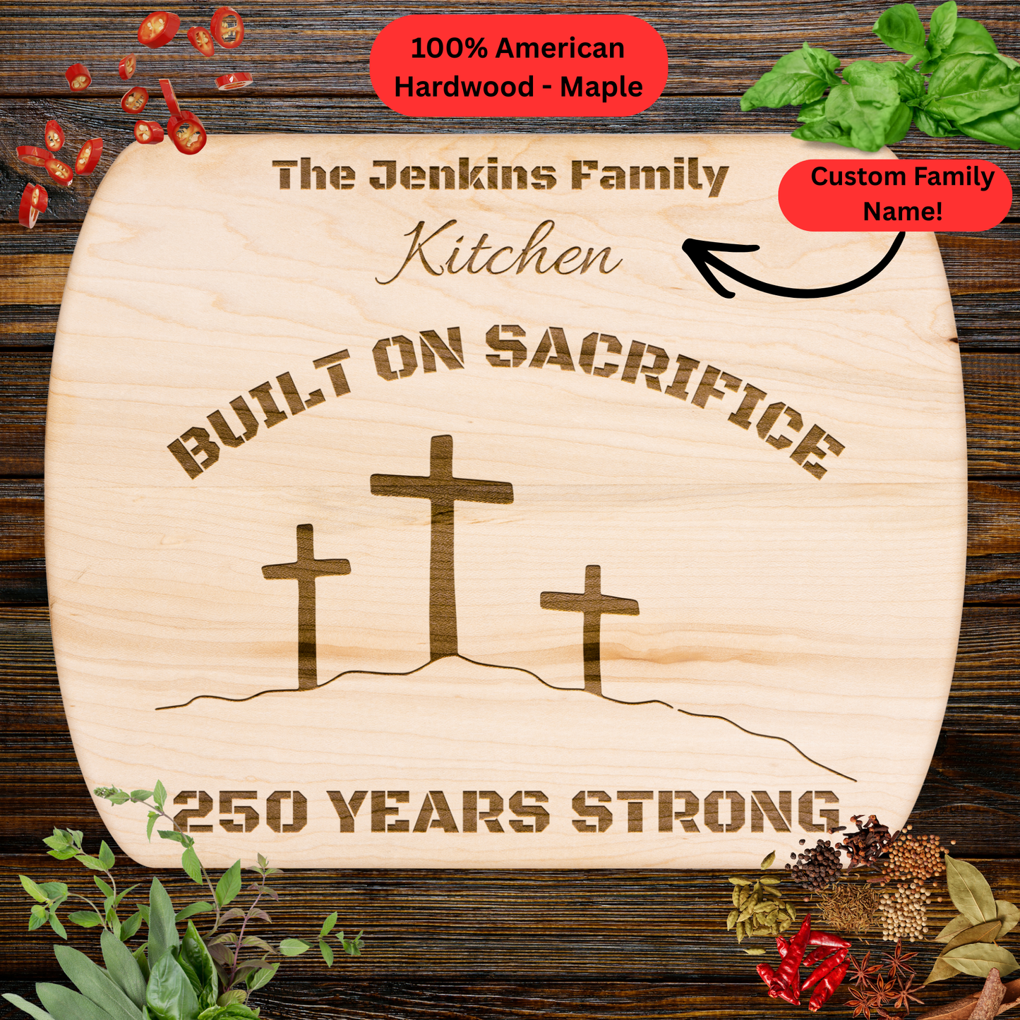 Personalized Family Name Cutting Board. Christian Family Gift. USA 250th Anniversary Keepsake