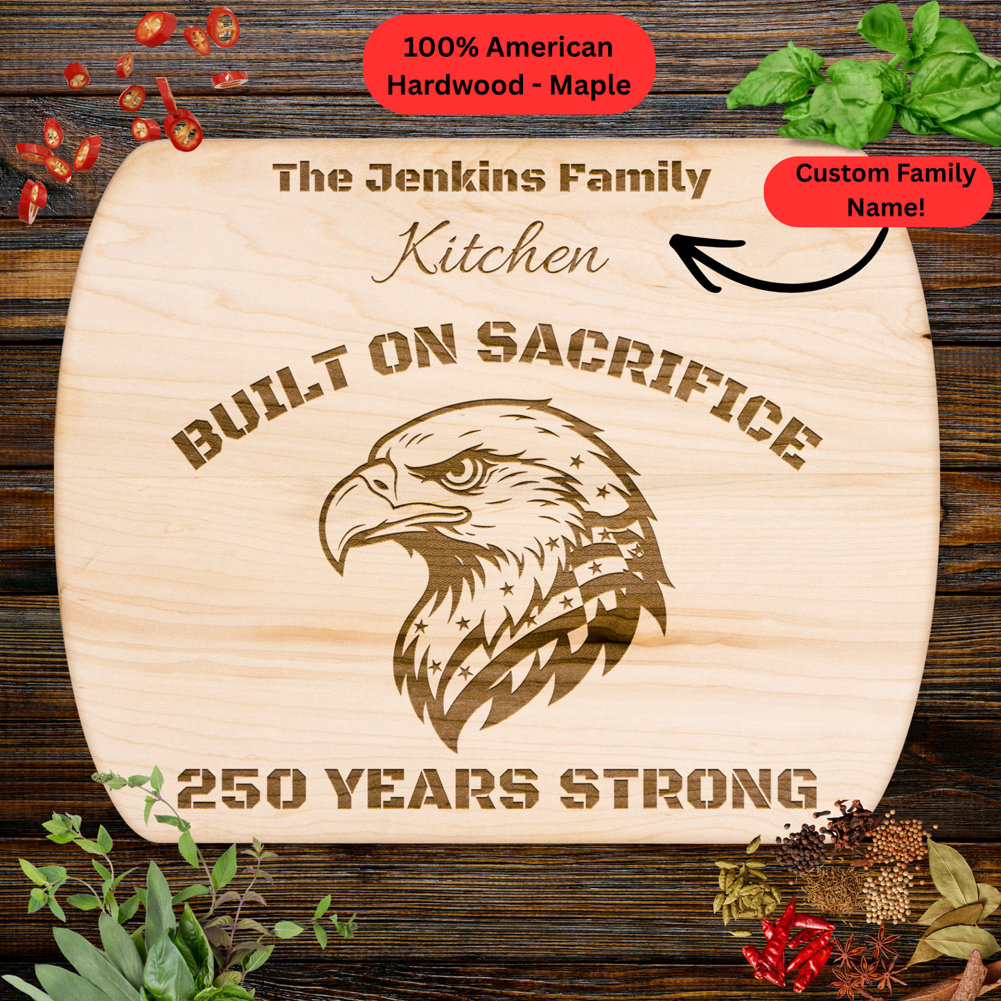Personalized Family Name Cutting Board. Bald Eagle Patriotic Gift. USA 250th Anniversary Keepsake