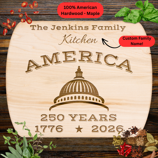 America. 250 Years. Personalized Family Name Cutting Board. Patriotic Gift. USA 250th Anniversary Keepsake