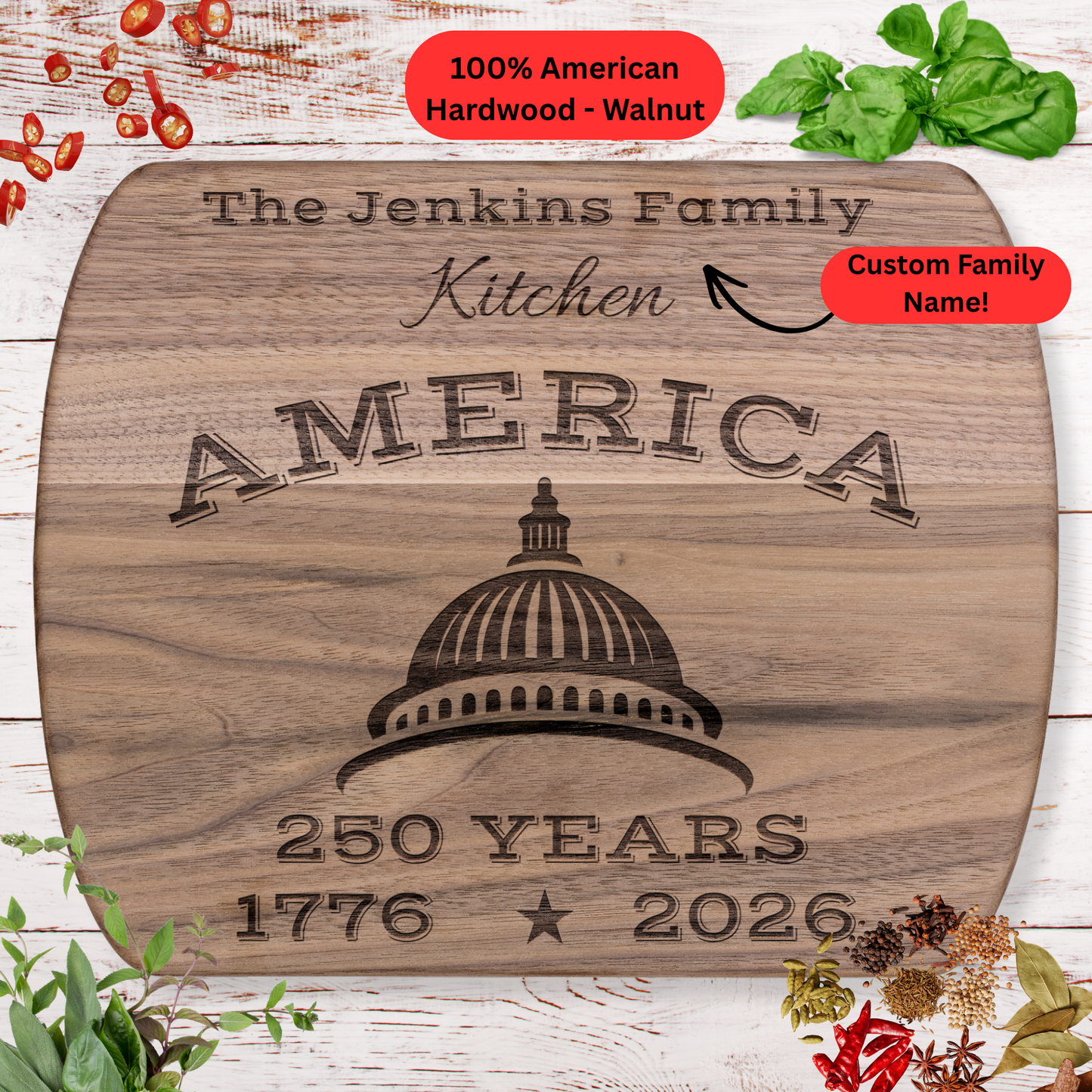 America. 250 Years. Personalized Family Name Cutting Board. Patriotic Gift. USA 250th Anniversary Keepsake