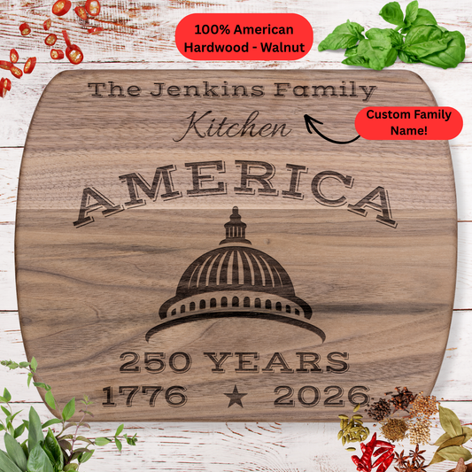 America. 250 Years. Personalized Family Name Cutting Board. Patriotic Gift. USA 250th Anniversary Keepsake