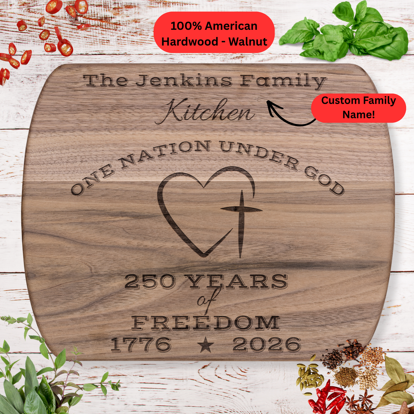 250 Years of Freedom. 1776 – 2026. Personalized Family Name Cutting Board. Christian Patriotic Gift. USA 250th Anniversary Keepsake