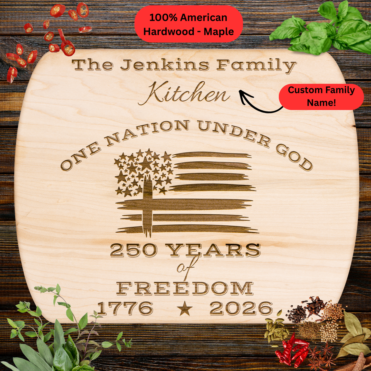 250 Years of Freedom. 1776–2026. Personalized Family Name Cutting Board. American Flag and Cross Christian Gift. USA 250th Anniversary Keepsake