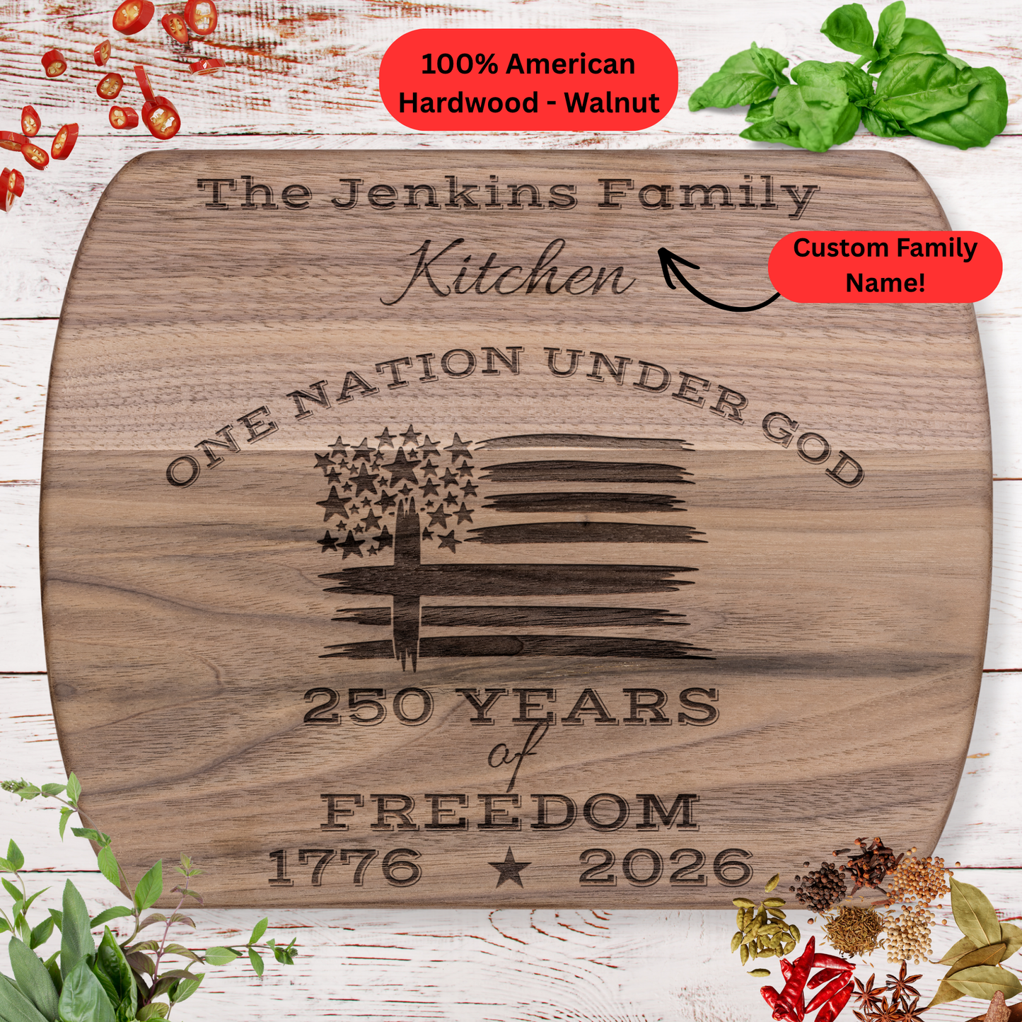 250 Years of Freedom. 1776–2026. Personalized Family Name Cutting Board. American Flag and Cross Christian Gift. USA 250th Anniversary Keepsake