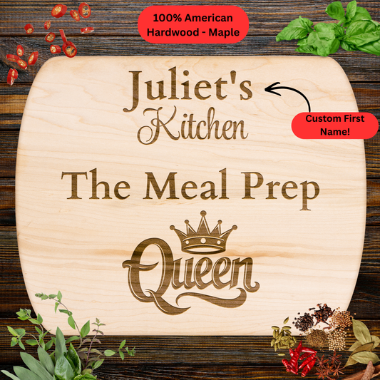 The Meal Prep Queen. Personalized Name Cutting Board. Fitness and Healthy Lifestyle Gift. Custom Kitchen Keepsake