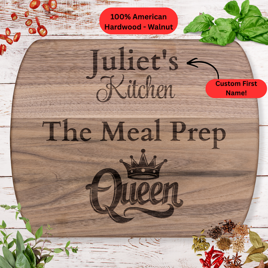 The Meal Prep Queen. Personalized Name Cutting Board. Fitness and Healthy Lifestyle Gift. Custom Kitchen Keepsake