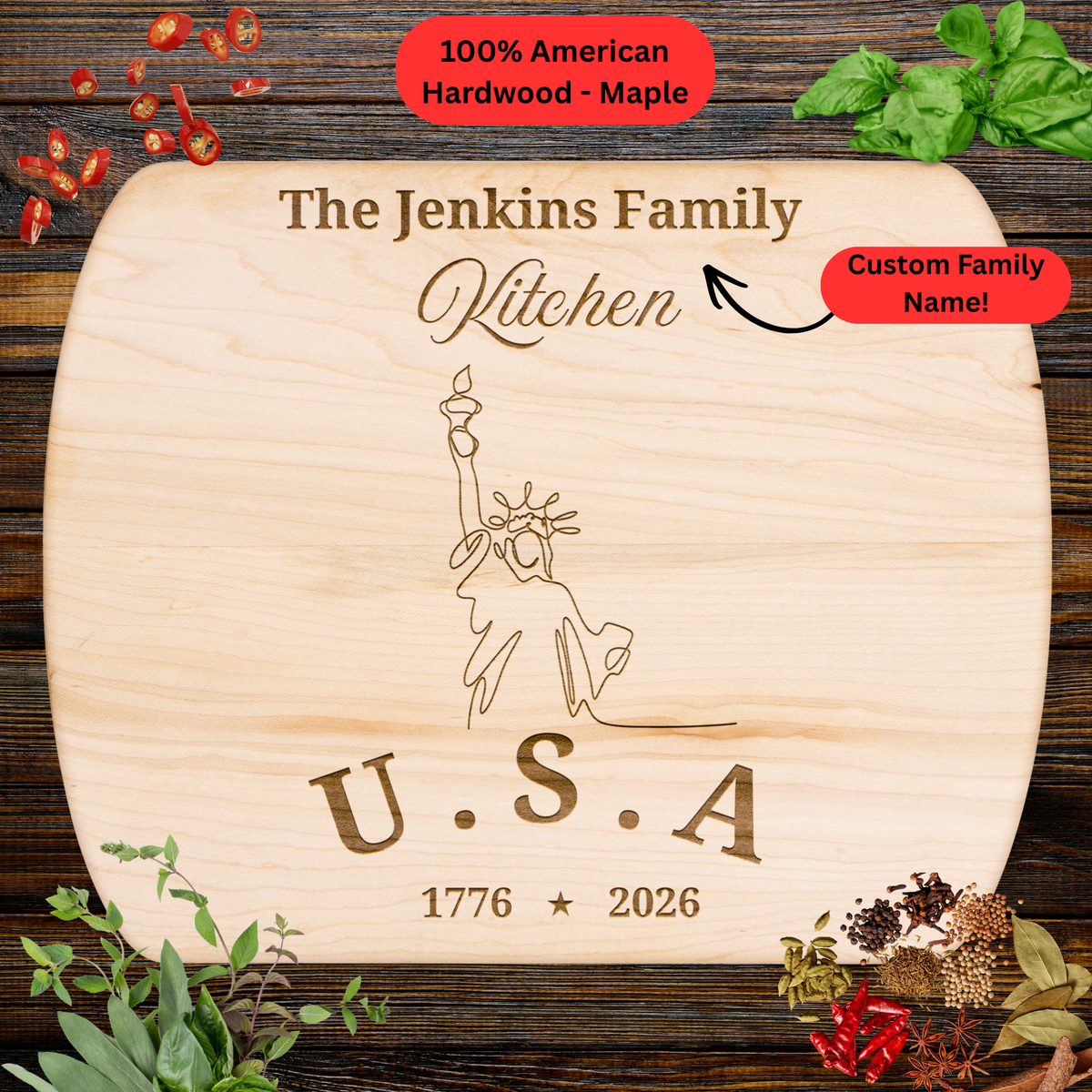 Personalized Family Name Cutting Board. Statue of Liberty Outline Patriotic Gift. America 250th Anniversary Keepsake