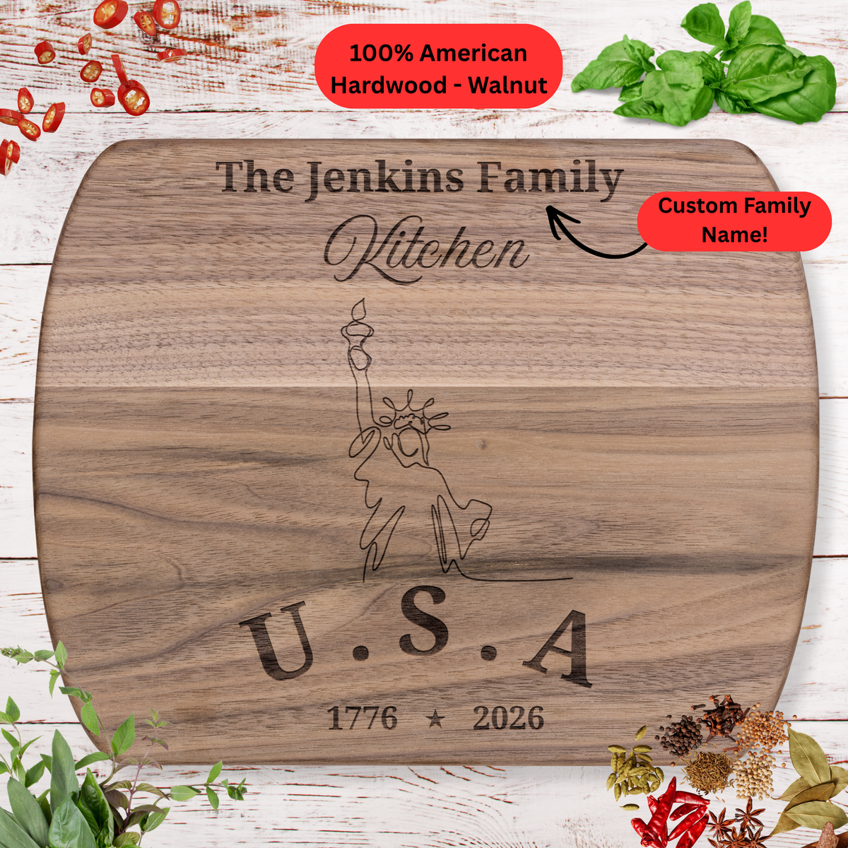 Personalized Family Name Cutting Board. Statue of Liberty Outline Patriotic Gift. America 250th Anniversary Keepsake