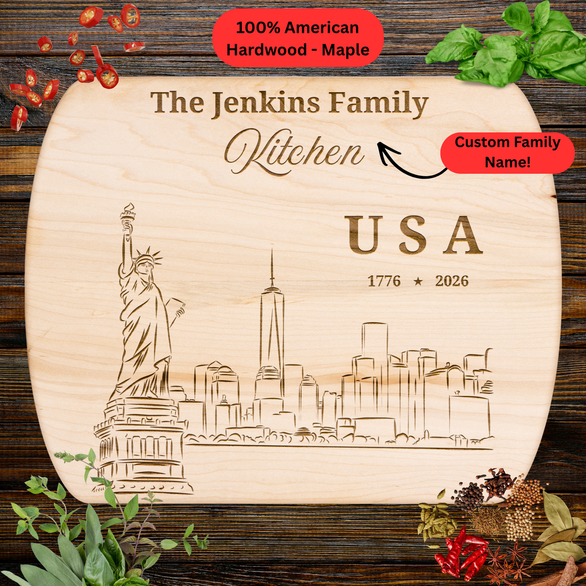 Personalized Family Name Cutting Board. Statue of Liberty. America 250th Anniversary Keepsake