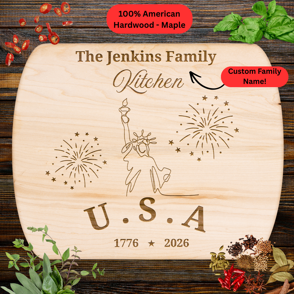 Personalized Family Name Cutting Board. Statue of Liberty Patriotic Gift. America 250th Anniversary Keepsake