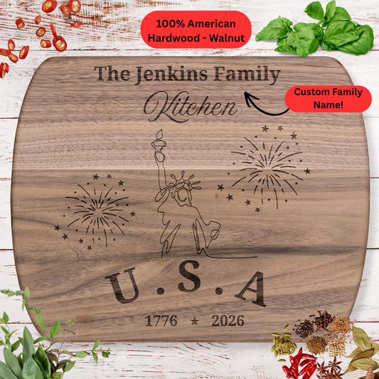Personalized Family Name Cutting Board. Statue of Liberty Patriotic Gift. America 250th Anniversary Keepsake