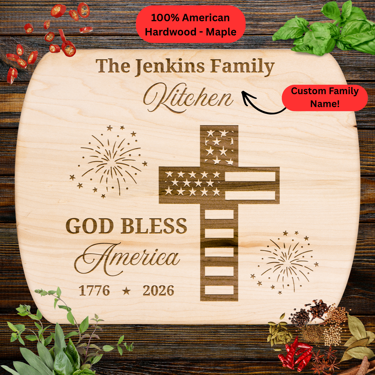 Personalized Family Name Cutting Board. Christian Gift. Patriotic USA Anniversary Keepsake