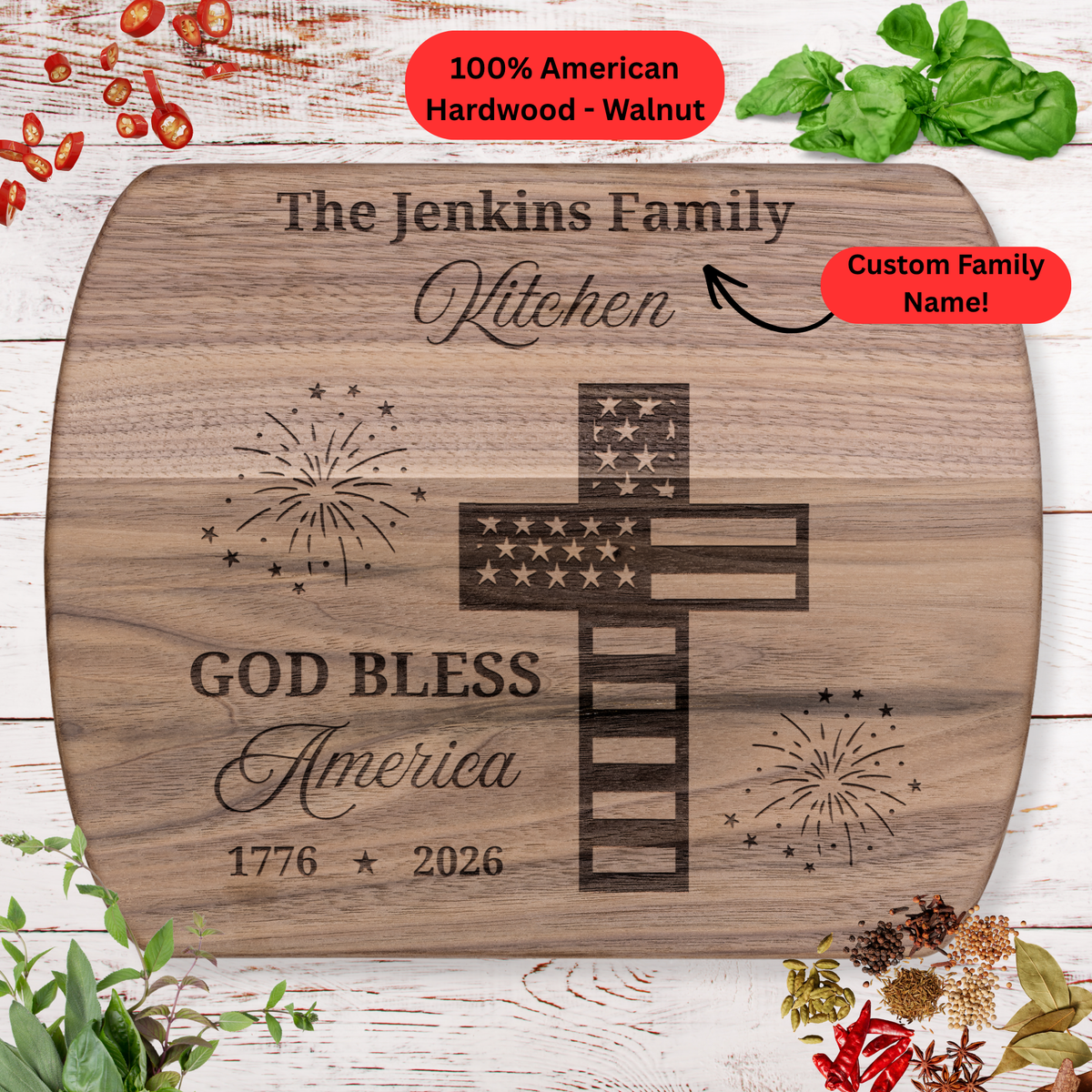 Personalized Family Name Cutting Board. Christian Gift. Patriotic USA Anniversary Keepsake