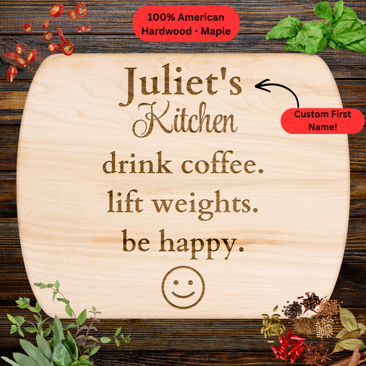 Personalized Name Cutting Board. Fitness Lover Gift. Coffee and Gym Kitchen Keepsake