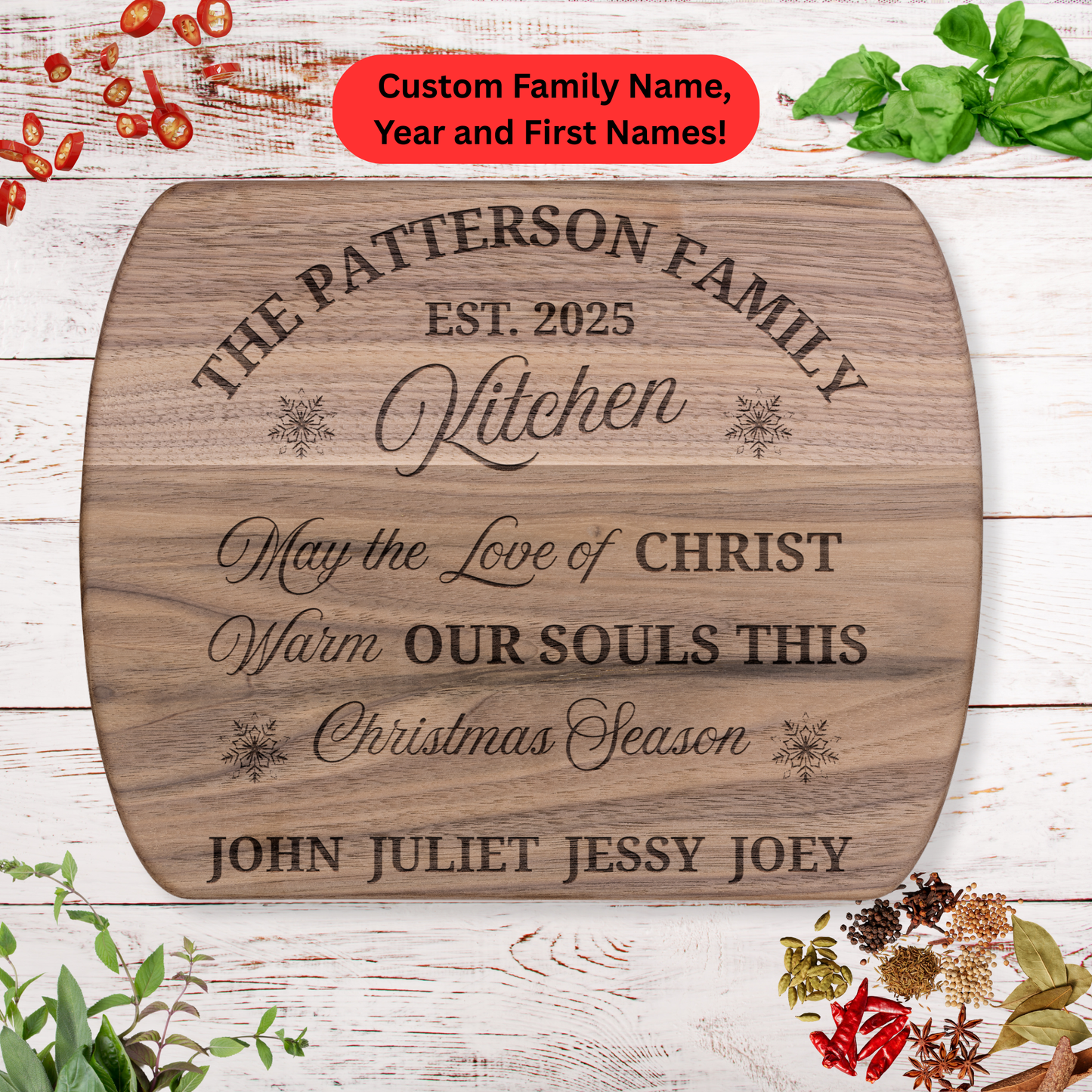 Personalized Christmas Cutting Board. Custom Family Names and Year. Christian Gift for Families.