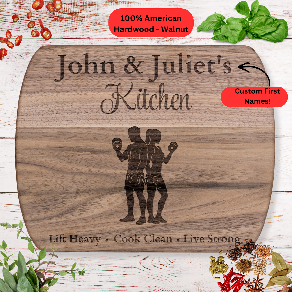 Personalized Couple Names Cutting Board. Fitness Couple Gift. Gym and Healthy Lifestyle Keepsake