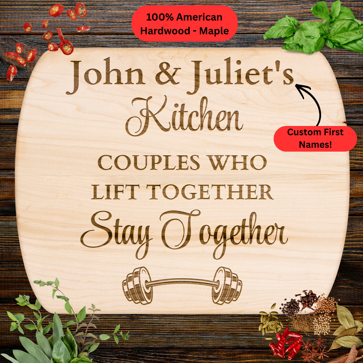 Personalized Couple Names Cutting Board. Fitness Couple Gift. Barbell Gym Kitchen Keepsake