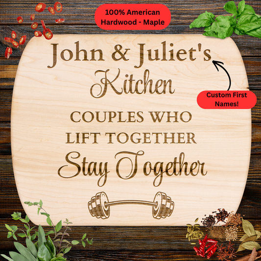 Personalized Couple Names Cutting Board. Fitness Couple Gift. Barbell Gym Kitchen Keepsake