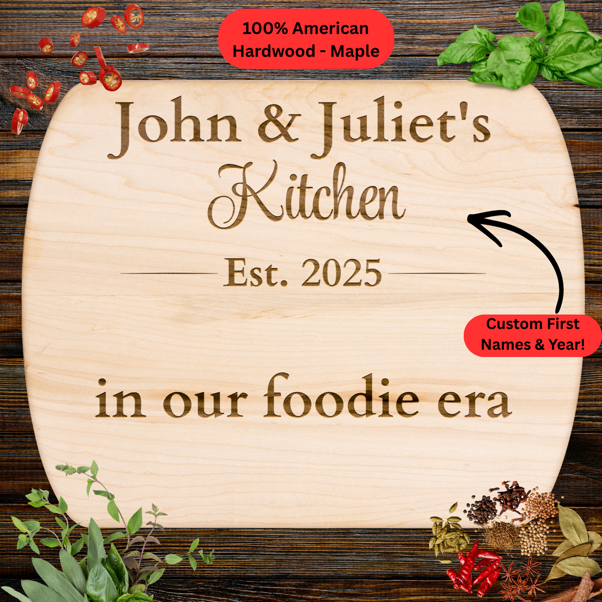 Personalized Names and Year Cutting Board. Custom Couple Gift. Food Lover Kitchen Keepsake
