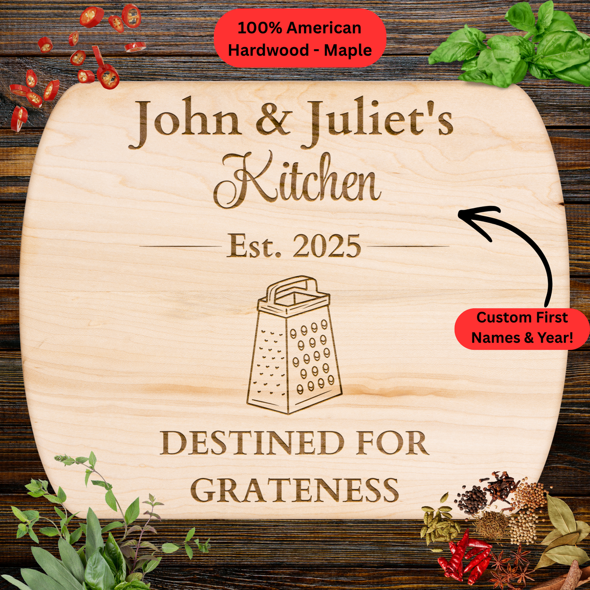 Personalized Names and Year Cutting Board. Funny Foodie Couple Gift. Custom Kitchen Keepsake