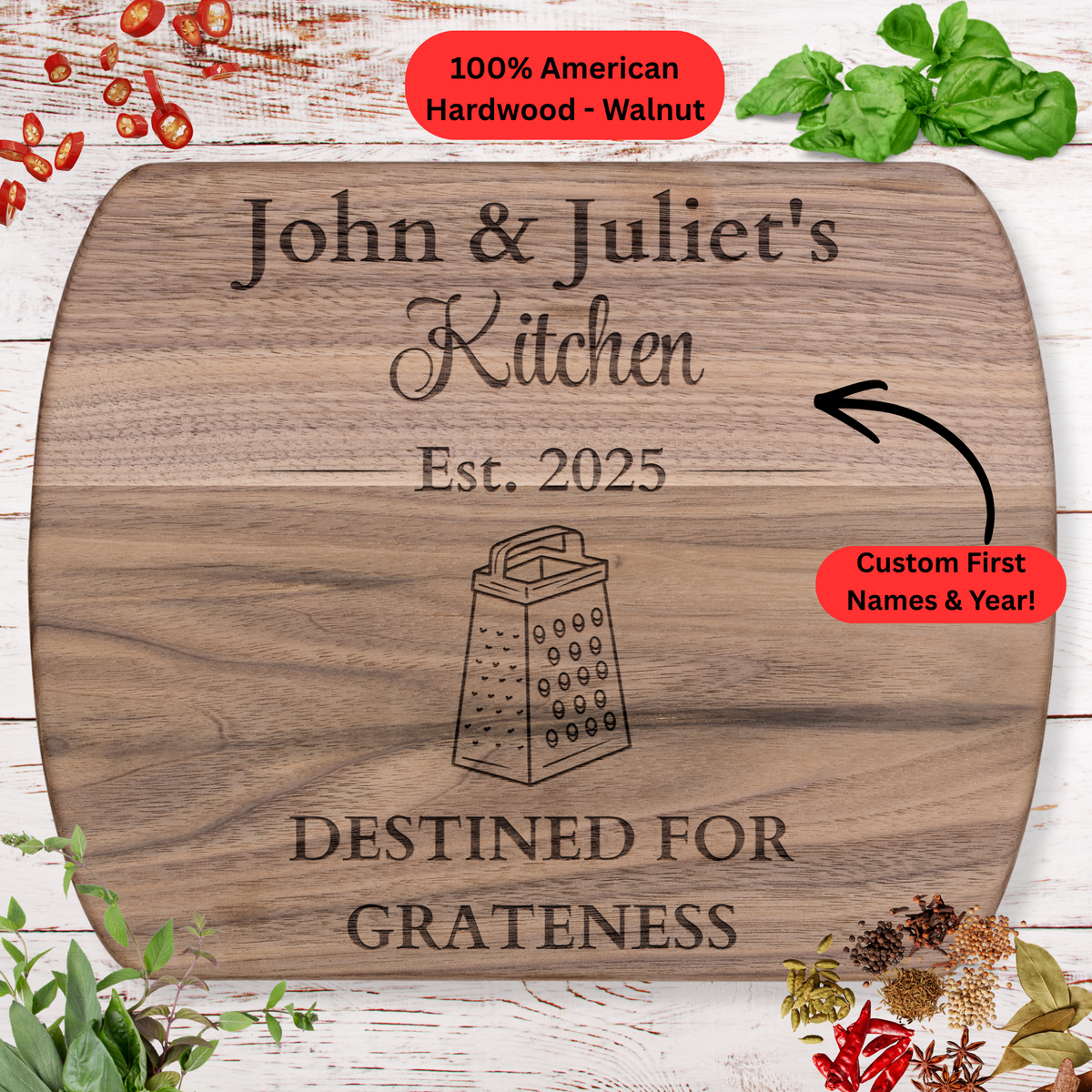 Personalized Names and Year Cutting Board. Funny Foodie Couple Gift. Custom Kitchen Keepsake