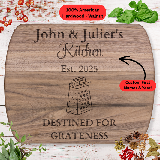Personalized Names and Year Cutting Board. Funny Foodie Couple Gift. Custom Kitchen Keepsake