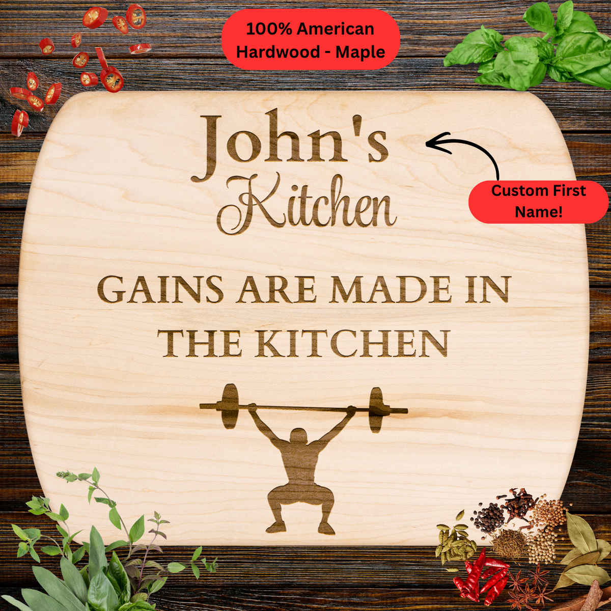 Personalized Name Cutting Board. Fitness Gift for Him.  Barbell Gym Kitchen Keepsake. Maple or Walnut