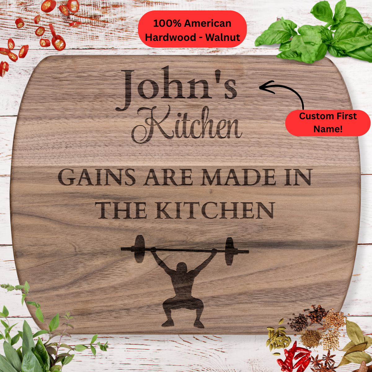 Personalized Name Cutting Board. Fitness Gift for Him.  Barbell Gym Kitchen Keepsake. Maple or Walnut