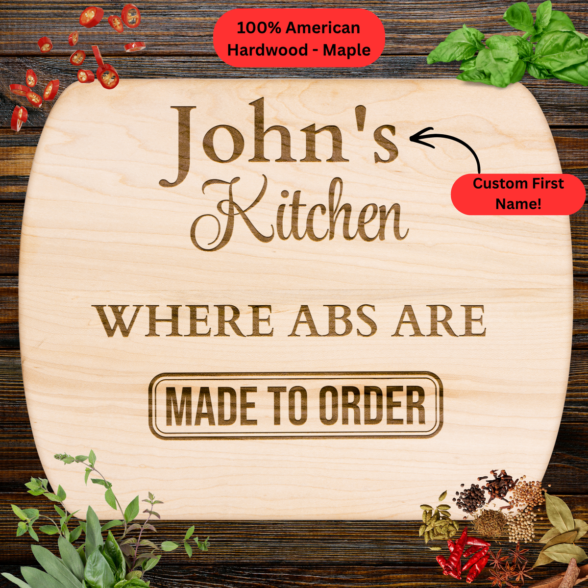 Where Abs Are Made to Order – Personalized Name Cutting Board. Fitness Meal Prep Gift. Gym Lover Kitchen Keepsake. Maple or Walnut