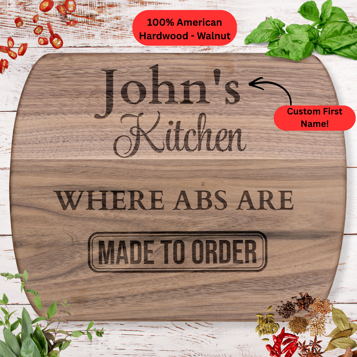 Where Abs Are Made to Order – Personalized Name Cutting Board. Fitness Meal Prep Gift. Gym Lover Kitchen Keepsake. Maple or Walnut