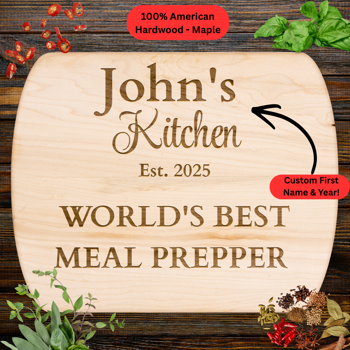 Personalized Name and Year Cutting Board. Fitness and Healthy Lifestyle Gift. Custom Meal Prep Kitchen Keepsake