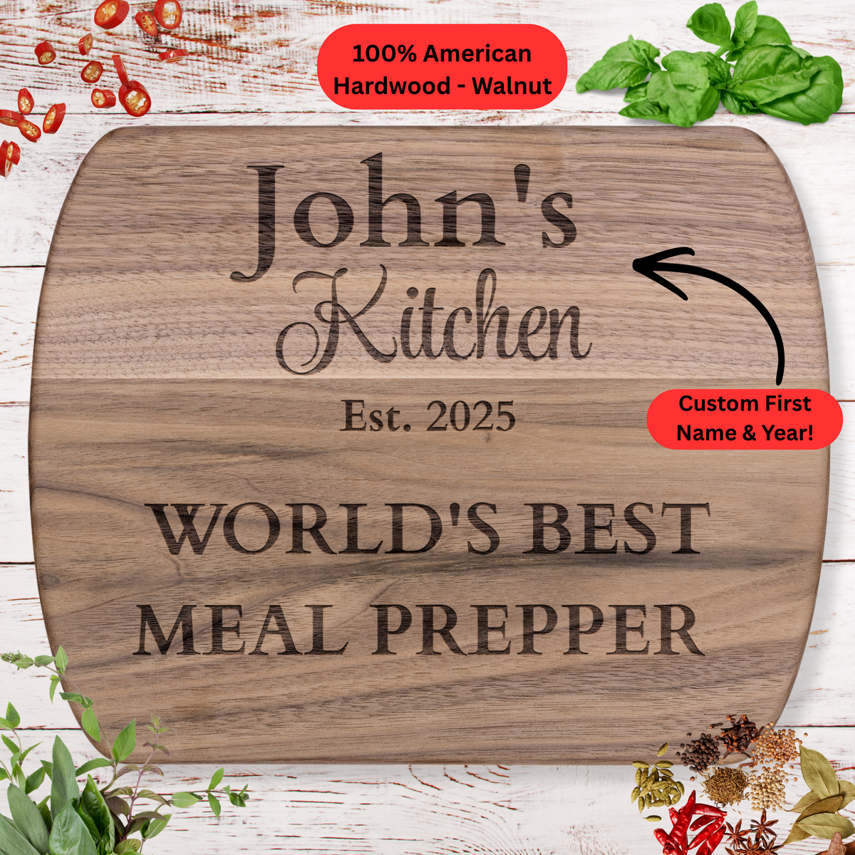 Personalized Name and Year Cutting Board. Fitness and Healthy Lifestyle Gift. Custom Meal Prep Kitchen Keepsake