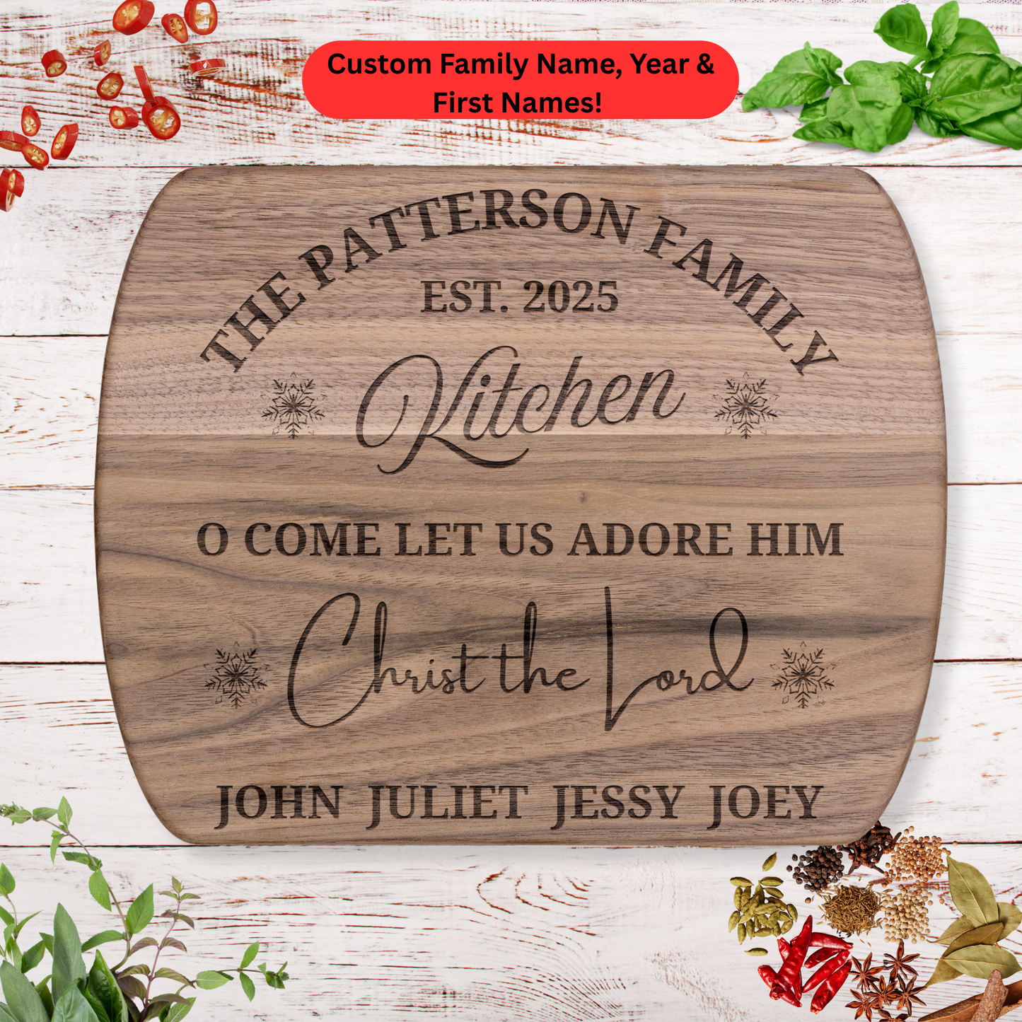 Personalized Christmas Cutting Board. Custom Family Name Gift. Walnut Wood Board with Snowflakes. Christmas family gift. Christian family gift