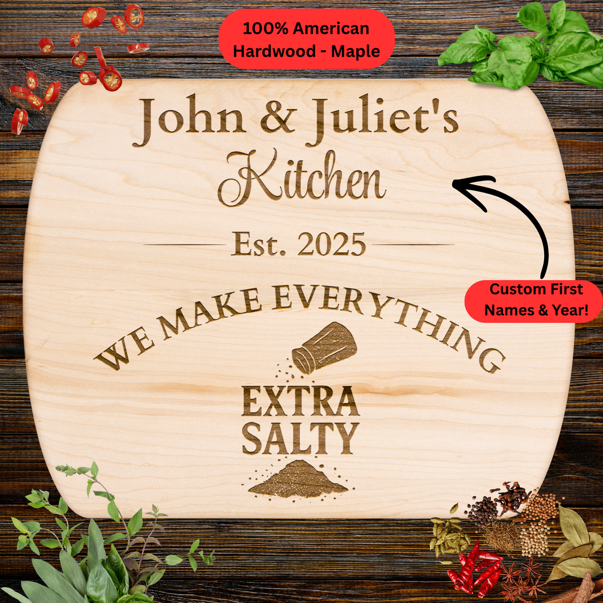 Personalized Couple Names and Year Cutting Board. Funny Kitchen Gift. Custom Foodie Couple Keepsake