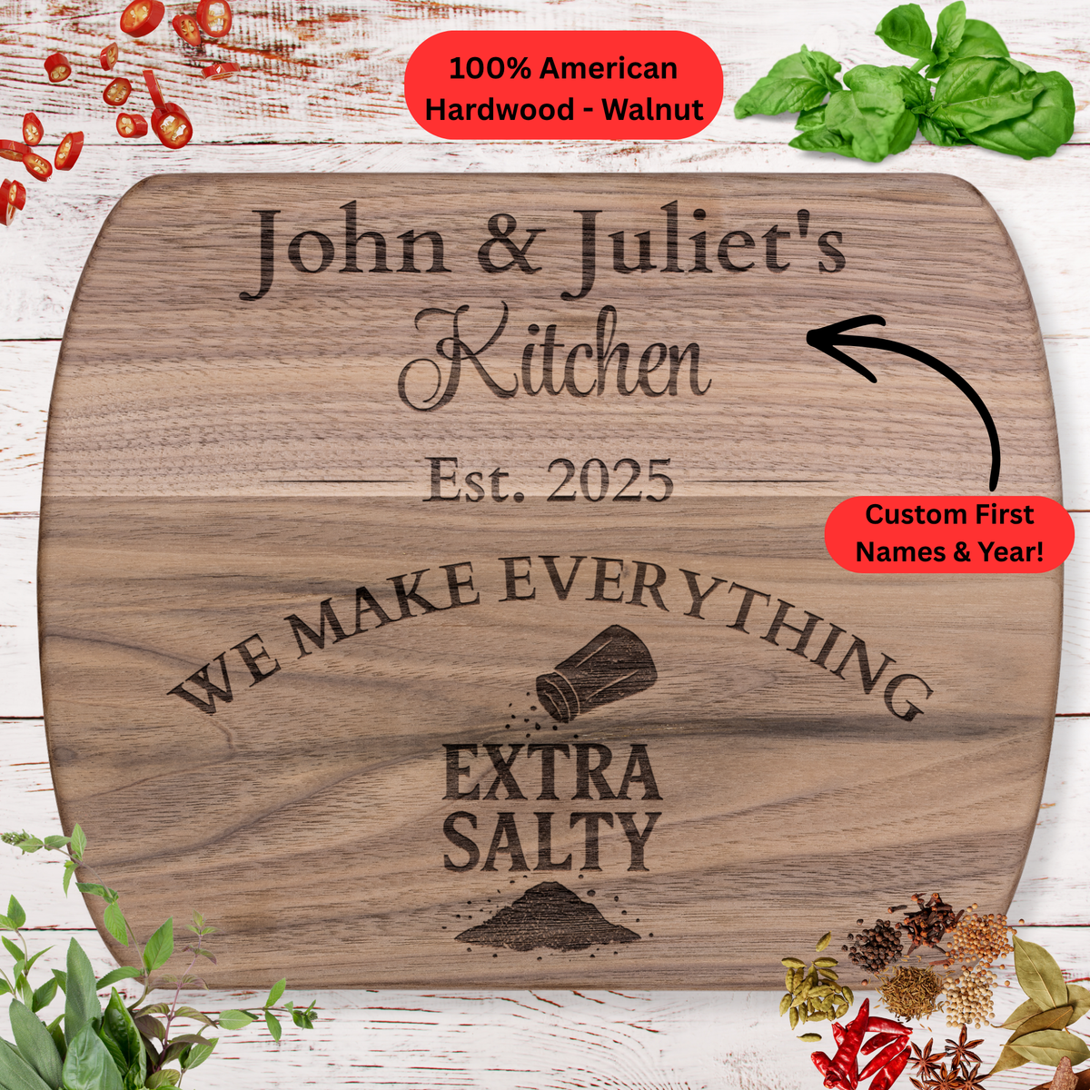 Personalized Couple Names and Year Cutting Board. Funny Kitchen Gift. Custom Foodie Couple Keepsake